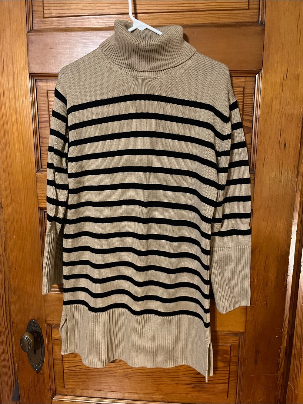 GAP Beige and Black Striped Turtleneck Sweater Dress